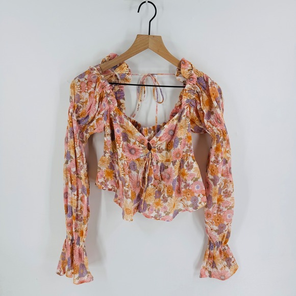 Tularosa Clemencey Floral Smocked Peplum Blouse Linen Blend Long Sleeve Size XS - Picture 2 of 7